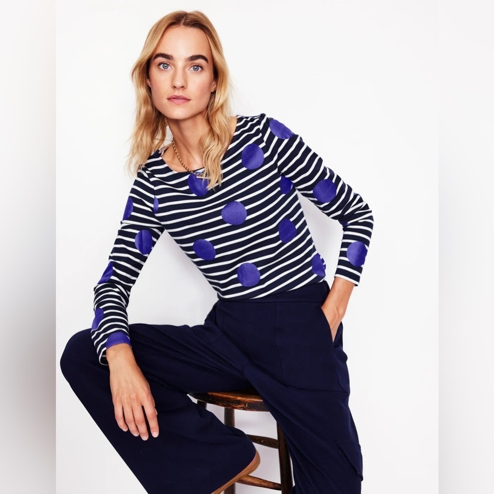 NWT - Boden Ella Long Sleeve Printed Top in Navy, Ivory, Blue Spot - Size US 2